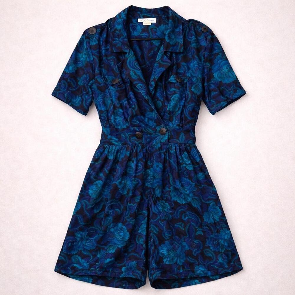 True Vintage 70s Cottagecore Grannycore Blue Floral Romper Maximalist Jewel Tone